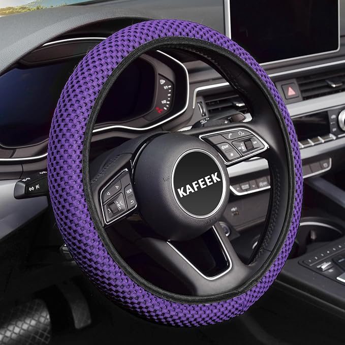 Elastic Stretch Steering Wheel Cover 15 Inch, Breathable Ice Silk Microfiber, Non-Slip Grip, Warm in Winter and Cool in Summer, Odorless, Car Accessories Fit Cars, SUVs, Purple