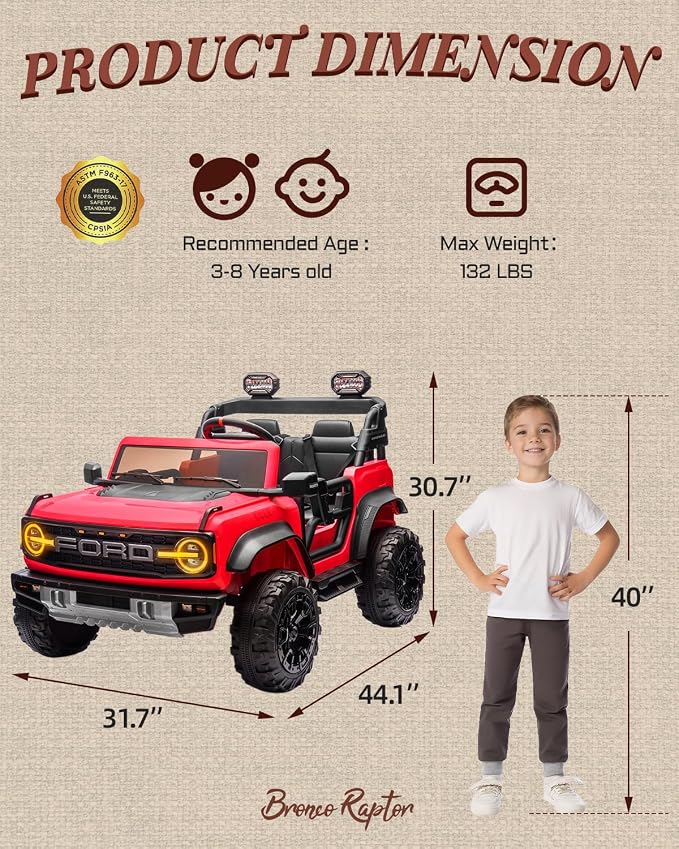 Ford Bronco 24V Ride on Toys for Boys & Girls, 2 Seater Kids Electric Car with Remote Control, Kids Ride on Truck with Rear Wheels Suspension, Led Lights, Safety Belt (24V, Red)