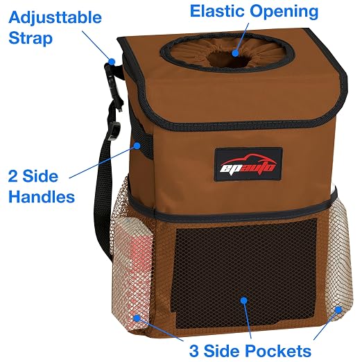 Waterproof Car Trash Can with Lid and Pockets, 2.5 Gal, Brown | Leakproof, Collapsible Multipurpose Car Bin with 3 Side Storage Pockets, Adjustable Straps