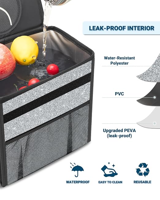 Car Trash Can with Lid, Leakproof Car Trash Bag Hanging Waterproof Automotive Garbage Can with Storage Pockets Mini Vehicle Trash Bin for Back/Front Seat(Silver Glitter,2.5 Gallon)