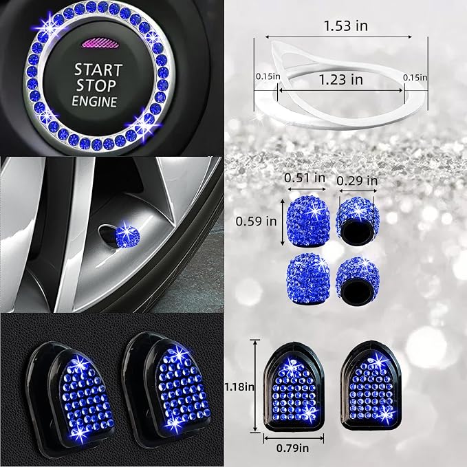27 PCs Blue Bling Car Accessories Set for Women, Steering Wheel Covers Universal Fit 15 Inch, Bling License Plate Frame, Bling Phone Holder, Bling Car Coasters (Blue Diamond)