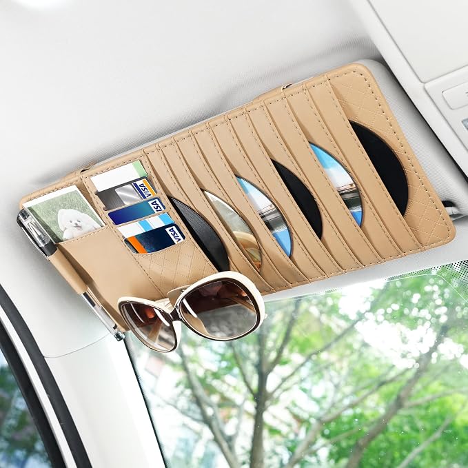 Sun Visor CD Case Holder for Car - Multi-Function Visor Organizer with CD/DVD Storage, Eyeglass Clip, Card Slots & Pen Holder, Durable Leather Car Accessories (Beige)