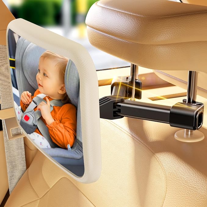 Baby Car Mirror with Stable Hook Clip, Never Falls or Shakes, Rear Facing Car Seat Mirror for Baby Newborn Essentials, Easy Install, Shatterproof & Crash Tested, White