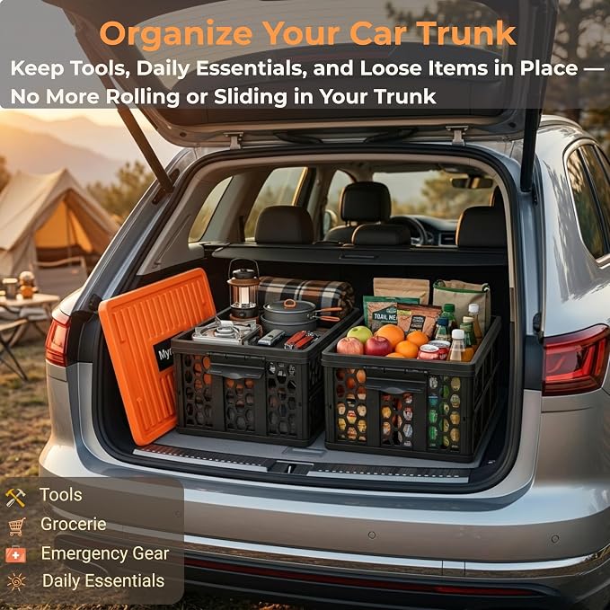 Trunk Organizer Plastic for Car, Orange | Collapsible Crate Storage, With Lid, Waterproof Bag, Optional Insulated Cooler, For SUV, Groceries, Camping