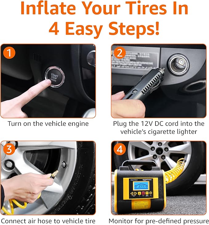 Portable Car Tire Inflator with Digital Pressure Gauge, 150 PSI, 12V DC, Black