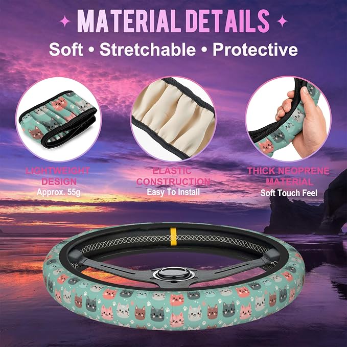 Cute Cat Face Steering Wheel Cover for Women Men Neoprene Breathable Wheel Cover Protector Anti-Slip Car Accessories Universal 15 Inch Fit for Cars Trucks Vehicles