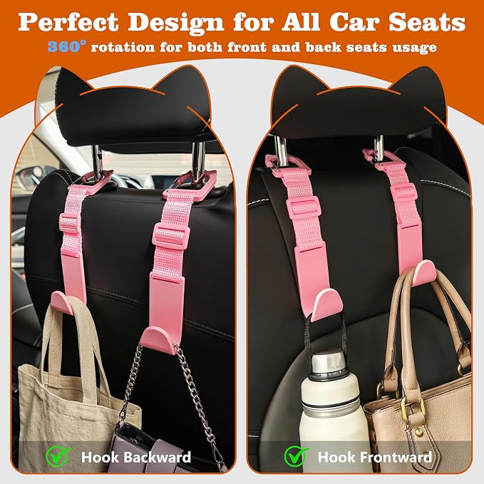 Car Headrest Hooks 4 Pack Adjustable Universal Fit Auto Seat Back Organizer Storage Hanger Purse Bags Holder with Clip Pink
