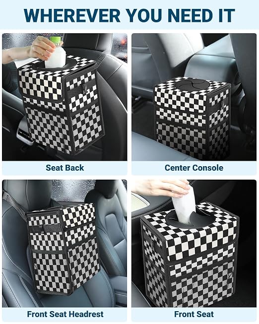 Car Trash Can with Lid, Leakproof Car Trash Bag Hanging Waterproof Automotive Garbage Can with Storage Pockets Mini Vehicle Trash Bin for Back/Front Seat(Black Square Grid,2.5 Gallon)