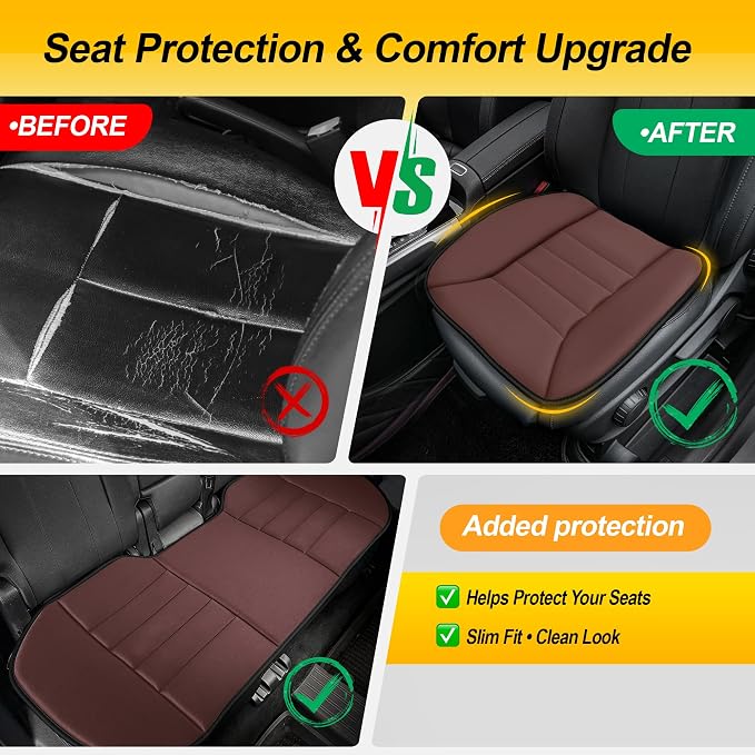 3-Piece Car Seat Cushion Set, 1.2inch Memory Foam Comfort, 2 Front Automotive Seat Cushions + Rear Bench Cushion, Non-Slip Bottom, Fits Sedan SUV Truck Van, Car & Office Chair, Brown