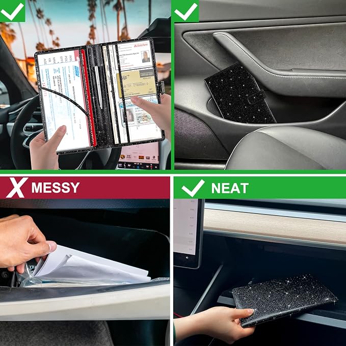 Car Registration and Insurance Holder, Vehicle Glove Box Organizer Cool Car Accessories, Auto Truck Document Holder for Cards, Driver License, Black Glitter