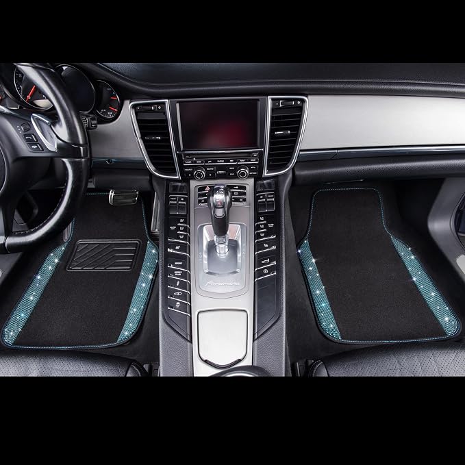 Bling Rhinestones Diamond Waterproof Car Floor Mat, Crystal Sparkly Shining Glitter Carpet, Anti-Slip PVC Heel Pad Universal for Interior Auto SUV,Sedan,Van,4pcs Girly Women Mint Teal Diamond