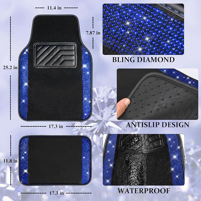 Bling Rhinestones Diamond Car Floor Mat,Sparkly Glitter Shining Crystal Carpet Anti-Slip PVC Heel Pad Waterproof Universal for Automotive SUV,Sedan,Van,4pcs Girl Pretty Women Men Black Blue