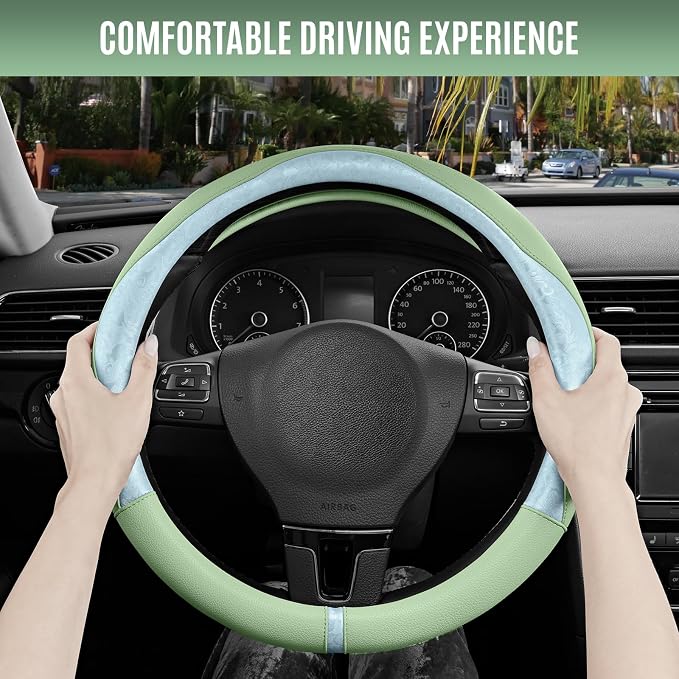 Steering Wheel Cover, Light Blue Patterned & Green Leather Patchwork Design, Universal Fit 14.5"–15.5", Anti-Slip, Odor-Free, Soft Grain Leather, Durable Grip Car Accessory for Girls & Women