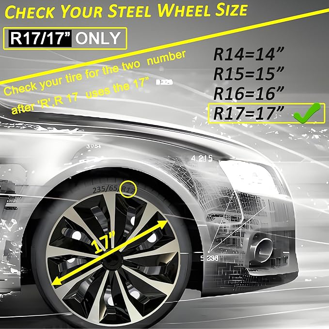 Hubcap Wheel Cover Replacement R17 Hub Caps Universal-Fit Steel Wheel Rim Cover ABS Material Exterior Accessories for Car Truck SUV -Set of 4（17-inch，Silver-Black）