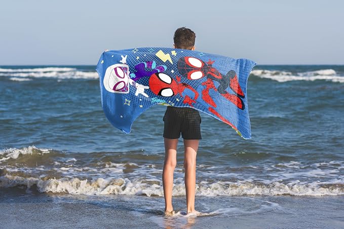 Children Beach Towel - 100% Cotton Super Soft Absorbent Bath Towel, 28" x 58" Inch Lightweight for Travel, Official Licensed Product, Blue - Spidey & His Amazing Friends