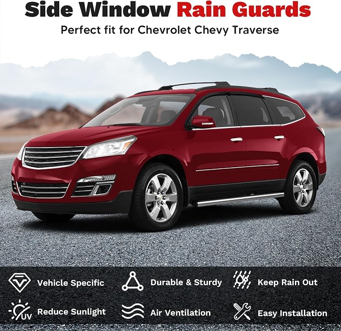 Traverse Rain Guards - Window Visors for Chevrolet Chevy Traverse 2009-2017, Outside-Mount Tape-On Side Window Wind Deflectors for Traverse Accessories, Vent Visors Shades Rainproof Black 4PCS