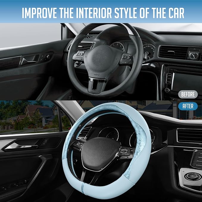 Steering Wheel Cover, Light Blue Patterned Leather Patchwork Design, Universal Fit 14.5"–15.5" D-Shape Steering Cover, Soft PU Grain Leather, Durable Grip Car Accessory for Girls & Women