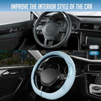 Steering Wheel Cover, Light Blue Patterned Leather Patchwork Design, Universal Fit 14.5"–15.5" D-Shape Steering Cover, Soft PU Grain Leather, Durable Grip Car Accessory for Girls & Women