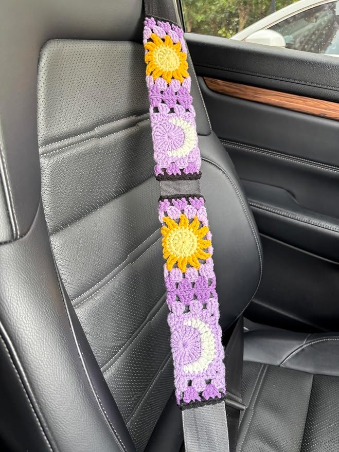 Handmade Crochet Sun Moon Car Steering Wheel Covers Universal 14-15 inch,Cute Steering Wheel Cover,Car Accessories (B:Wheel Cover+2 Belt Cover)