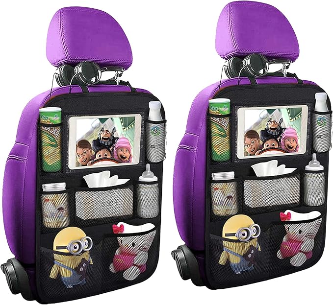 Backseat Car Organizer Mats Back Seat Organizers and Storage Bag with Touch Screen Tablet Holder for Kids Toddlers Seats, Travel Accessories, Road Trip Essentials (2PCS)