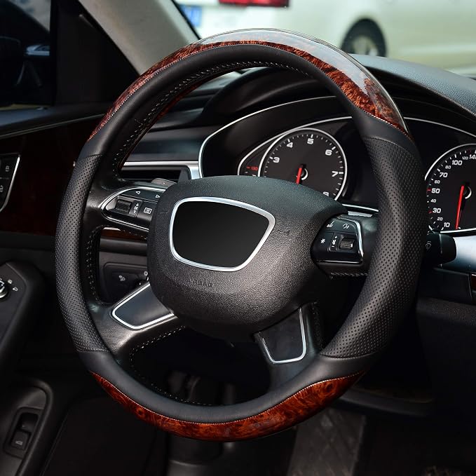 Small Size 14 inch Wood Grain Steering Wheel Cover, Black Microfiber Leather, Compatible for Prius Civic 14-14.25 inch Steering Wheel