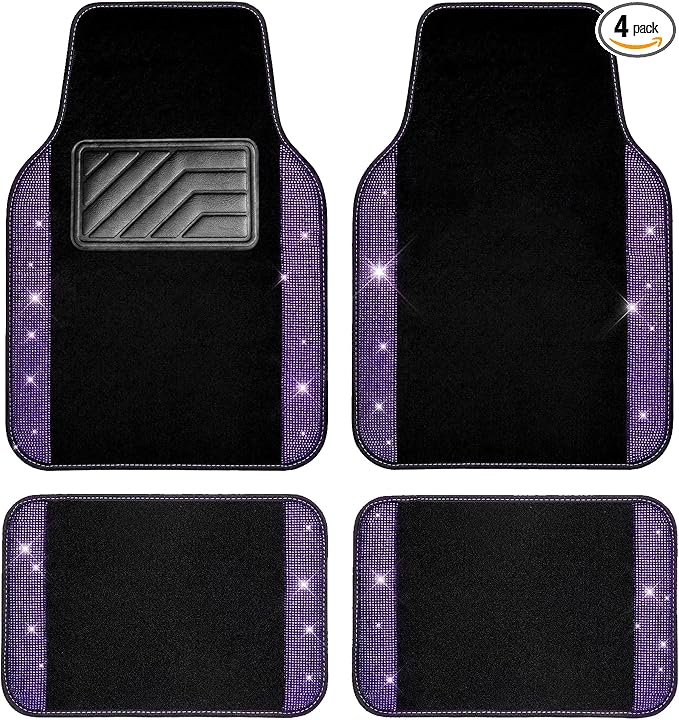 Bling Rhinestones Diamond Car Floor Mat, Crystal Sparkly Shining Glitter Carpet, Waterproof Anti-Slip PVC Heel Pad Universal Fit Interior Set SUV,Sedan,Van,4pcs Girl Women Men Violet Purple