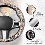 Leopard Print Steering Wheel Cover - Bling Crystal Rhinestones Cheetah Print on PVC Leather Non-Slip Breathable Design for Women/Girls Universal Fit 14.5-15 Inch