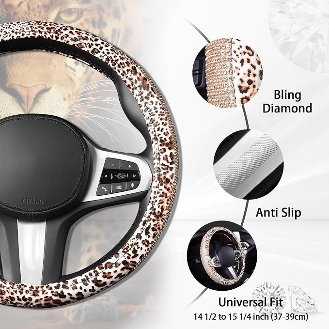 Leopard Print Steering Wheel Cover - Bling Crystal Rhinestones Cheetah Print on PVC Leather Non-Slip Breathable Design for Women/Girls Universal Fit 14.5-15 Inch