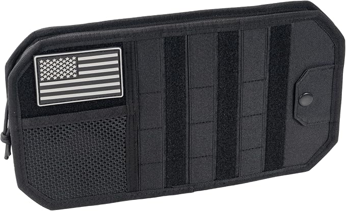 Car Visor Organizer, Sun Visor Organizer for Trucks Cars SUVs, Tactical Car Accessories with Zipper Visor Storage Pouch, Glasses Clip and Card Sleeve Pocket, Molle Visor Organizer with Panel (Black)