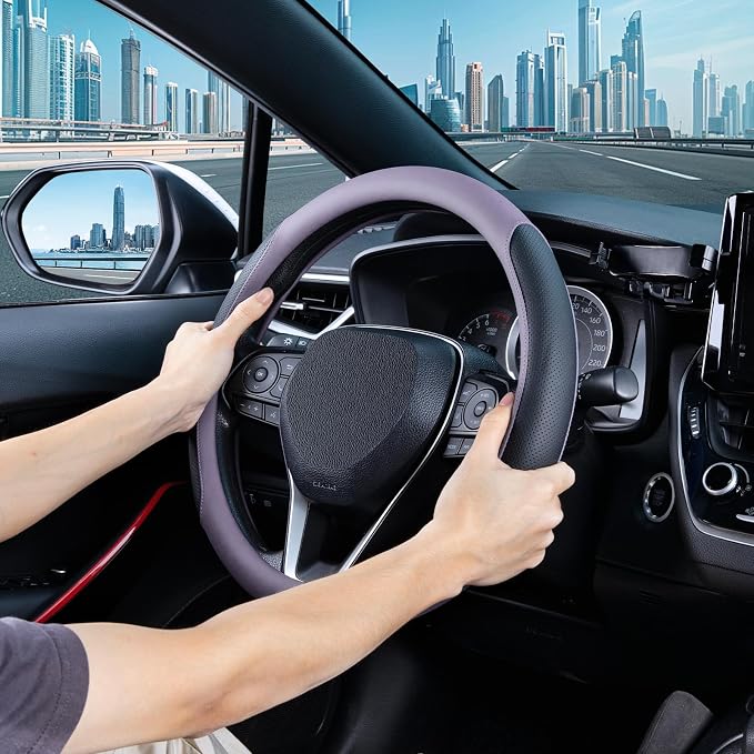 Steering Wheel Cover for 14.5-15 inch Wheels, Breathable PU Leather with Perforated Sides, Anti-Slip Grip, Universal Fit for Cars & SUVs, Black and Light Purple