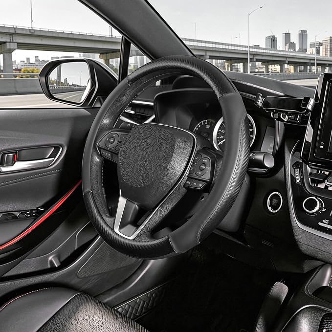 Car Steering Wheel Cover Small Size 14"-14 1/4" Black | For Model 3 Model Y Prius Civic Camaro Rogue, Non-Folding Packaging, Heavy duty, Microfiber Leather Carbon Fiber Pattern