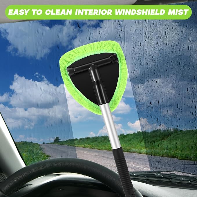 10 Pcs Windshield Cleaner Tool Car Window Cleaning Supplies with Extendable Handle Include 6 Washable Microfiber Bonnets 2 Empty 60ml Spray Bottle Glass Wiper Kit (Green)