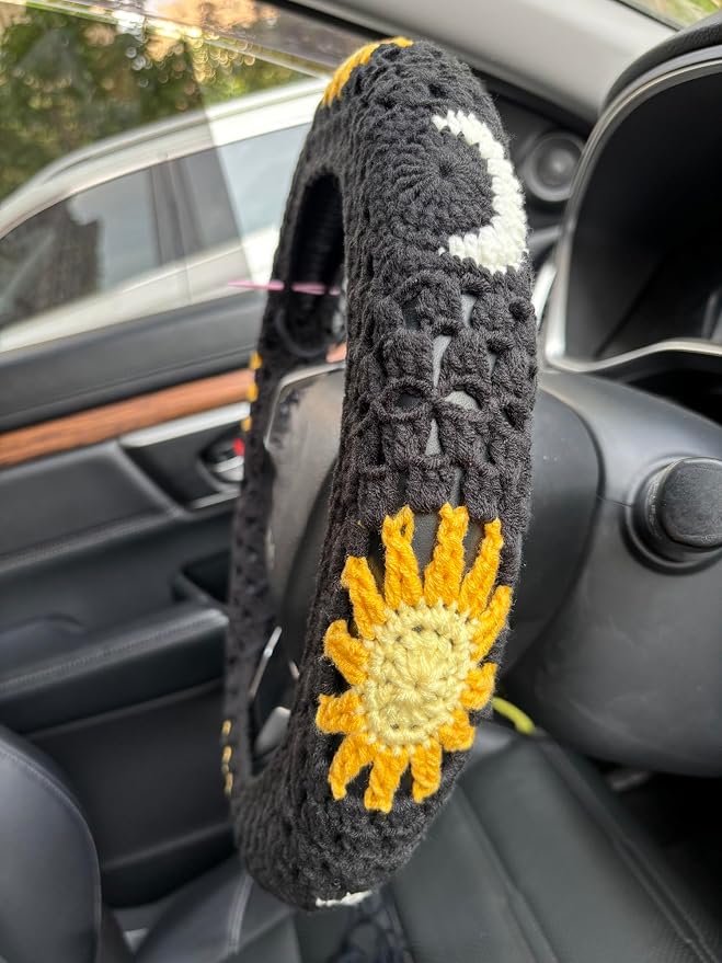 Handmade Crochet Sun Moon Car Steering Wheel Covers Universal 14-15 inch,Cute Steering Wheel Cover,Car Accessories (Black Steering Wheel Cover)