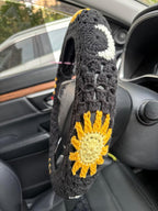 Handmade Crochet Sun Moon Car Steering Wheel Covers Universal 14-15 inch,Cute Steering Wheel Cover,Car Accessories (Black Steering Wheel Cover)