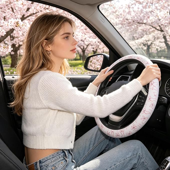 Pink Bow Steering Wheel Cover for Women, Steering Wheel Covers with Anti-Slip Lining, Universal 14.5-15 inchs Car Interior Accessories with 2PCS Car Coasters Suitable for Men and Women