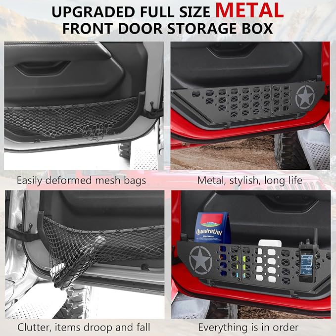 Metal Front Door Storage Pockets Fit for Jeep Wrangler,Door Side Insert Organizer for Jeep Wrangler JL JLU 4XE 2018-2025 & Gladiator JT 2020-2025 Interior Door Storage Box Expansion Accessories 2PCS
