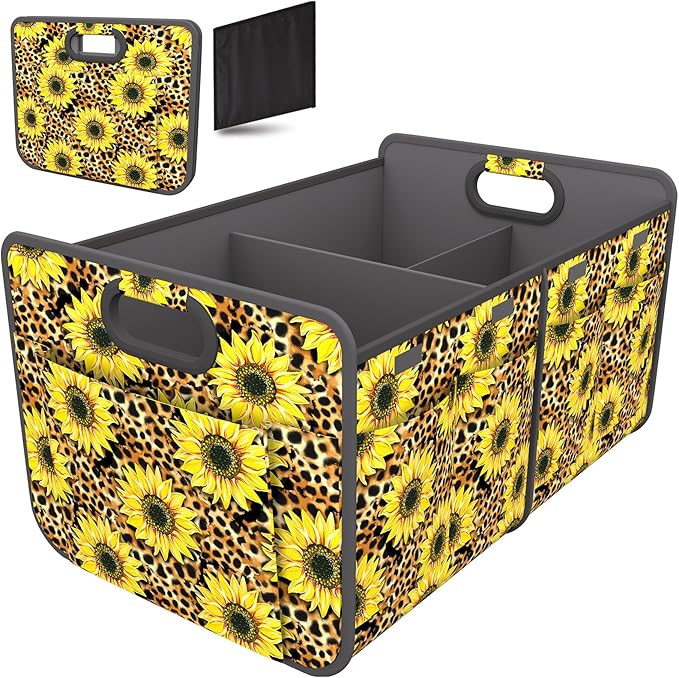 Car Trunk Organizer for SUV, 18.5Gal Large Capacity No-Sag Heavy Duty, Foldable Waterproof Anti-Slip Storage with 12 Pockets, Fit Sedan, Truck, Universal Car Accessories,Sunflower Leopard Print