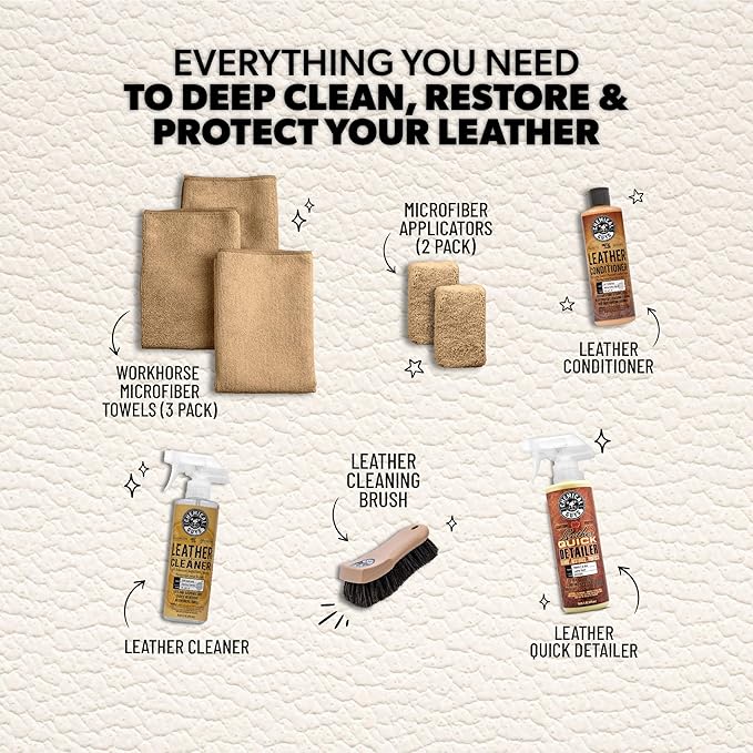 Leather Cleaner and Conditioner Detailing Kit - Leather Care Kit For Natural, Synthetic, Faux, Pleather, and More for Car Interiors, Apparel, Furniture, Boots & Accessories - 9 Items