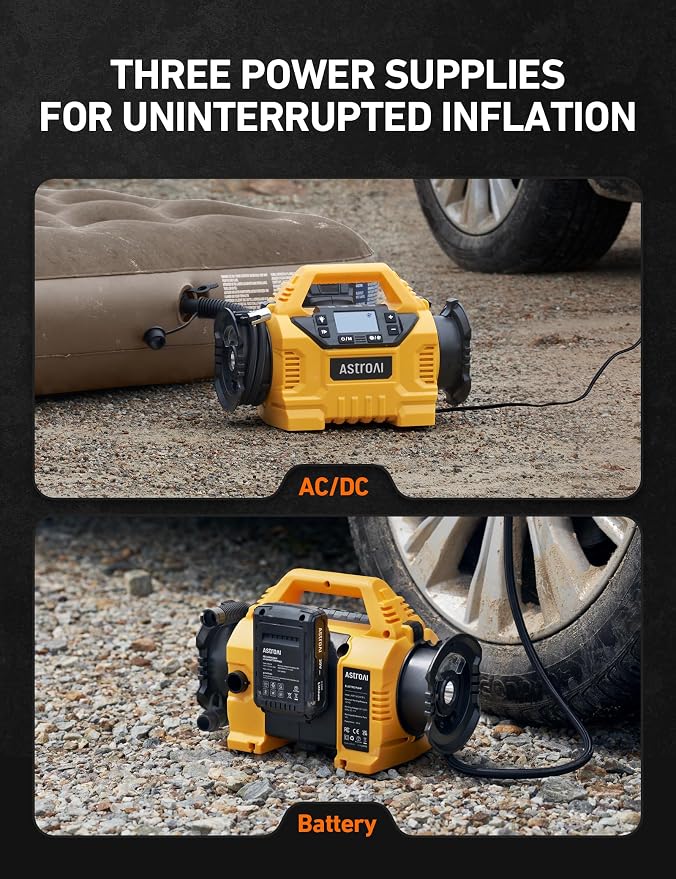 MC3 Tire Inflator Portable Air Compressor, 3 Power Sources:Cordless/110V AC/12V DC, 160PSI Fast Inflation Air Pump with Dual Motors, Auto Shut-off for Cars,SUVs, Air Mattress Inflator/Deflator