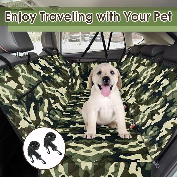 Waterproof Dog Car Seat Cover for Back Seat, Pet Hammock- S, Camouflage | Durable waterproof hammock with nonslip design & storage pockets. Protects seats from scratches, fits cars, SUVs & trucks.