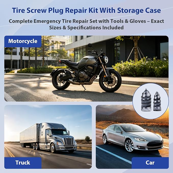 Tire Screw Plug Repair Kit, No Tire Removal Required, Sidewall Repair Tool Set with Portable Storage Box, Quick Flat Tire Fix for Cars, Trucks, Motorcycles, SUVs