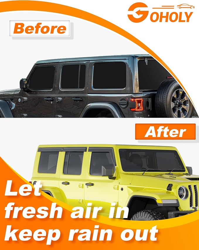 Low-Profile Window Rain Guards Fit for 2018-2026 Wrangler JL 4-Door,4-pcs Rain Guard Side Window Visors Extra-Thick Vent Visor Window Deflectors Tape-on Vent Shades Car Accessories