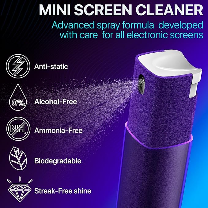 Mini Screen Cleaner Spray – Finger Proof Screen Cleaner for Smartphones, iPads, MacBooks, Laptops, Car Screens, Touchscreens – 3in1 Mist Cleaner, Microfiber Cloth and Protective Cover -Yellow