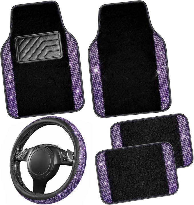Bling Diamond Leather Steering Wheel Cover 14.5in-15in Floor Mats Shining Rhinestone Carpet Sparkly Glitter Crystal Anti-Slip Pad Fit Automotive SUV Pickup Truck Girl Women, 5pcs Black Purple