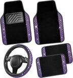 Bling Diamond Leather Steering Wheel Cover 14.5in-15in Floor Mats Shining Rhinestone Carpet Sparkly Glitter Crystal Anti-Slip Pad Fit Automotive SUV Pickup Truck Girl Women, 5pcs Black Purple