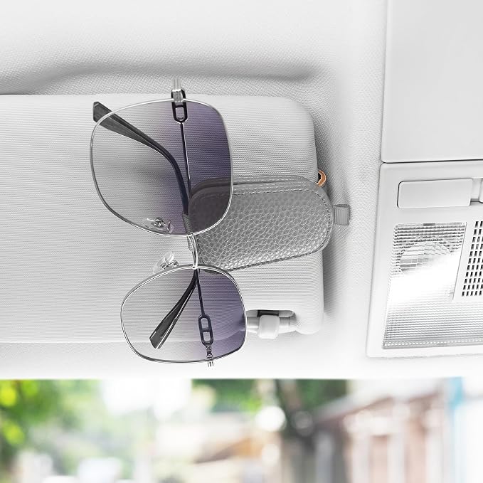 Sunglasses Holder for Car, Leather Magnetic Buckle Sun Visor Sunglass Clip, Ticket Card Storage Glasses Clip, Car Interior Accessories for Men and Women（2PCS Gray）
