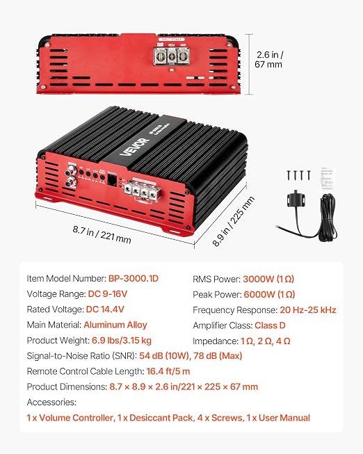 Monoblock Car Amplifier, 3000W RMS MAX, 1/2/4 Ohm Stable, 1-Channel Class D Car Audio Amplifier with Remote Subwoofer Level Control, Low Pass Filter and Bass Boost, Volume Controller Included