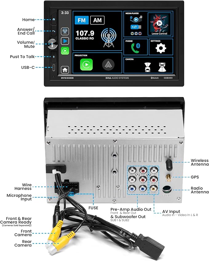BV9358B Car Stereo – Wireless CarPlay Android Auto, Double Din, 7 Inch Touchscreen, Bluetooth, NO CD DVD Player, AM/FM Radio Receiver, A/V Input, USB