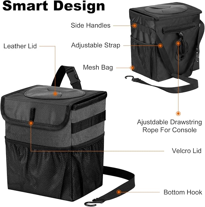 Car Trash Can Foldable Garbage Bin Leakproof 2.3 Gallons Car Trash Bag Black