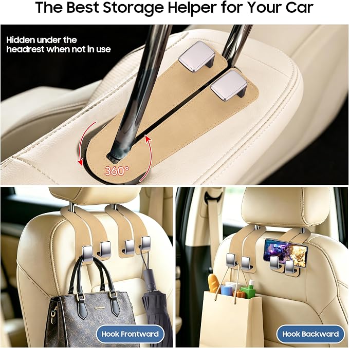 Car Headrest Hooks, Premium Suede with Metal Car Seat Back Storage Hooks for Handbag Coats Umbrella Backpack - 2 Pack, Beige